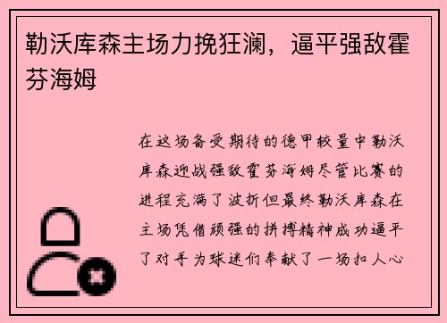 勒沃库森主场力挽狂澜，逼平强敌霍芬海姆