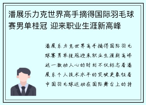 潘展乐力克世界高手摘得国际羽毛球赛男单桂冠 迎来职业生涯新高峰